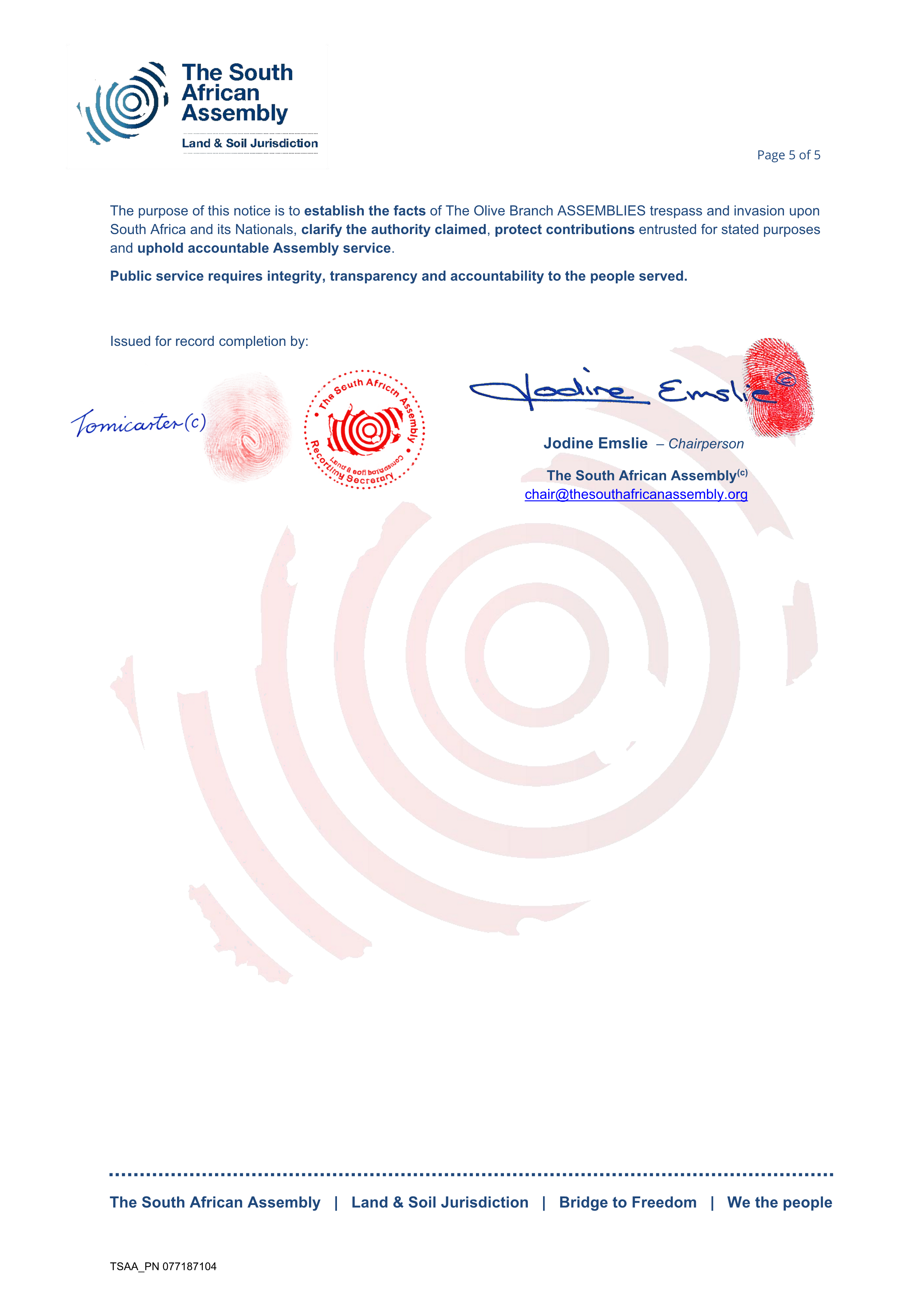 Public notice The South African Assembly Recording number 077187104  The Olive Branch Assemblies